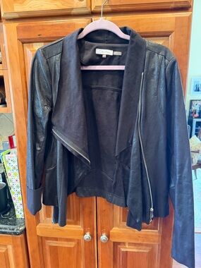 Calvin Klein Black Faux Leather Draped Moto Jacket with Suede Panels